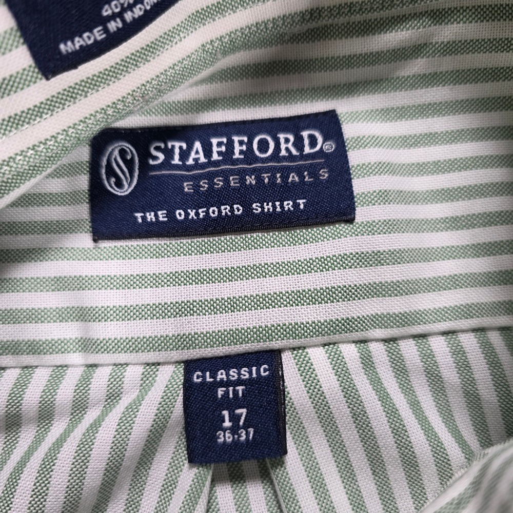 Stafford Essentials Mens Green White Striped Oxford‎ Shirt Classic Fit 17 36-37 - Picture 3 of 7